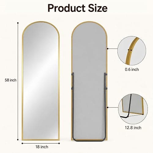 Antok Full Length Mirror, 58"x18" Floor Mirror with Stand, Gold, Arched | Shatter-Proof Glass, Floor Standing, Hanging, Leaning, HD Full Body Mirror with Aluminum Alloy Frame for Bedroom Livingroom thumbnail 2