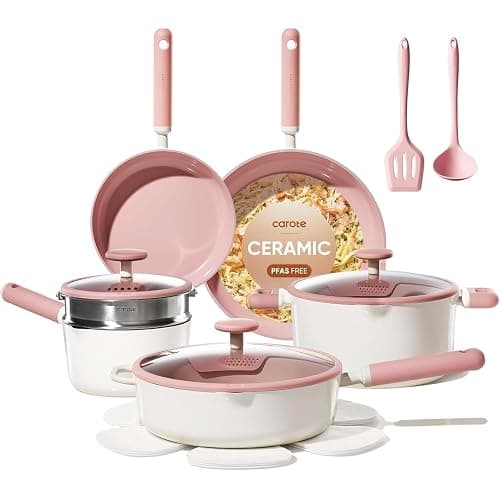 CAROTE Ceramic Cookware Set Nonstick, 15pcs Pots and Pans Set Non stick, Non Toxic Cookware,Dishwasher,RV/Camping Cookware Set, Pan and Pot with Kitchen Utensils, Pink - Image 1