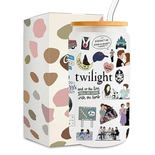 LONGXIN Twilight Merch Vampire Lover Iced Coffee Cup Edward's Girl Gift Movie Inspired Gifts Forks Washington Twilight Gifts for Movie Fans Teen Girls Women 16 oz Coffee Glass Cup with Lid Straw - Image 1