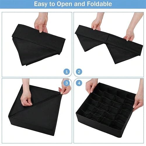 Socks Underwear Storage Box - 24 - Grid Foldable Drawer Organizer for Closet Space Saving, Black thumbnail 4