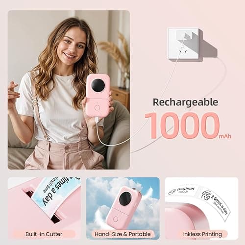 Phomemo D30 Label Maker Machine with 3 Tapes - White Clear Gold Labels, Portable Handheld Bluetooth Mini Label Maker Printer, Multiple Templates for Smartphone Thermal Small Label Printer Rechargeable - Pink - 1 Printer + 3 Roll Papers thumbnail 5