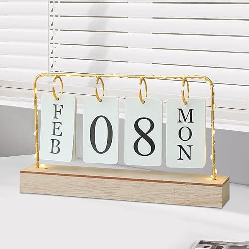 AUSTUFF Flip Wooden Perpetual Calendar Metal Desk Calendar 2025 Daily Desktop Calendar Monthly Weekly Year Planner Standing Office Home Desk Decor - Image 1