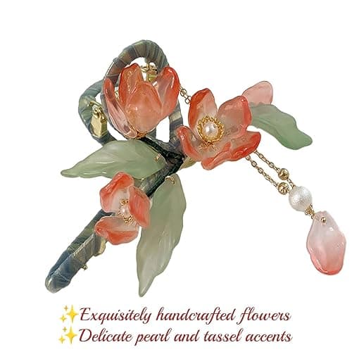 KEMMINTVN Colored Flowers Tassel Hair Claw Clips, Vintage Floral Hair Claw Clip, Orange Pearl Flower Design with Tassel, Large Flower Cross Metal Hair Clamps thumbnail 2
