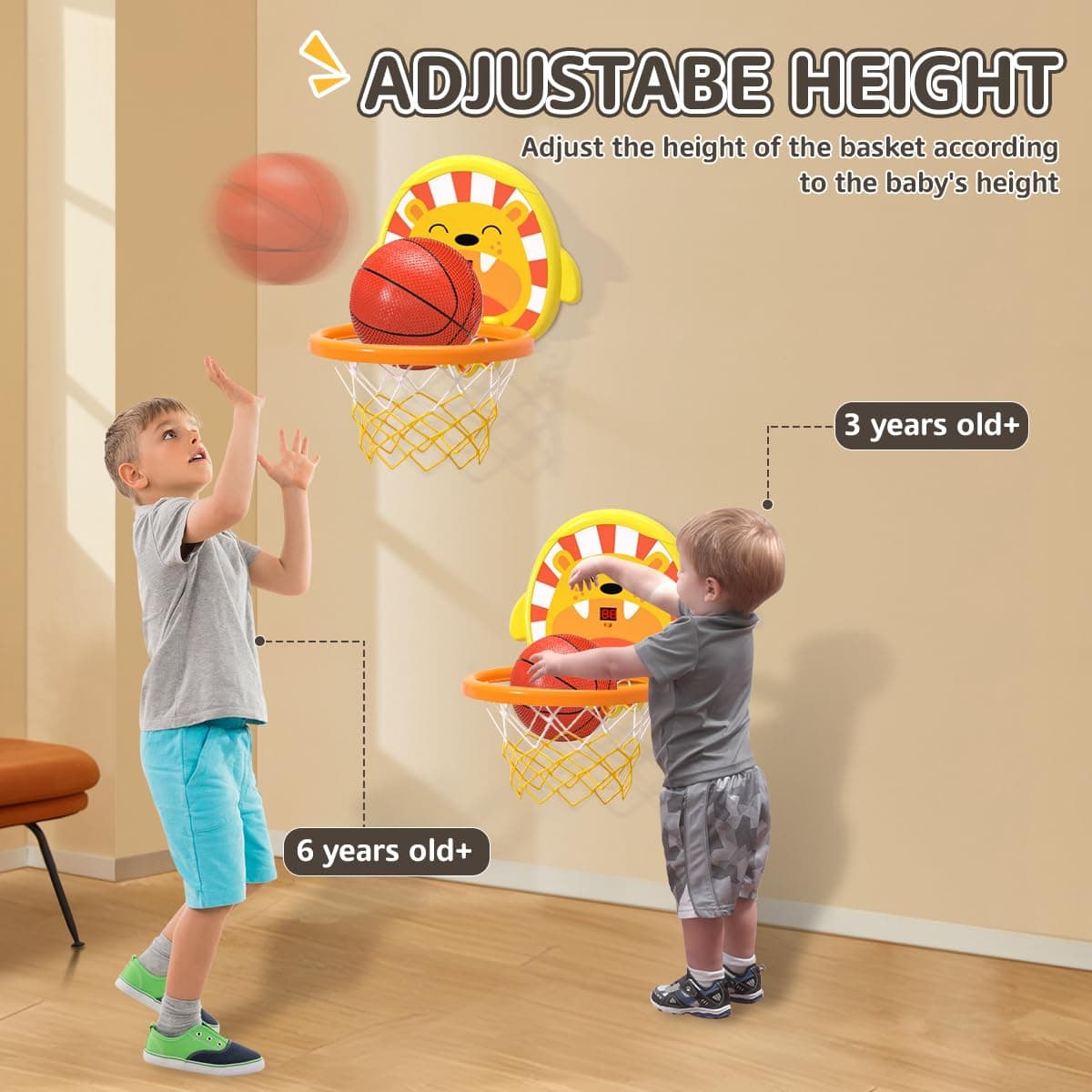 KaeKid Indoor Basketball Hoop for Kids, Lion Basketball Hoop with Scoreboard, Height Adjustable, 2 Balls & Pump, Basketball Toys for 3 4 5 6 7 8 9 10 Year Old Boys thumbnail 2