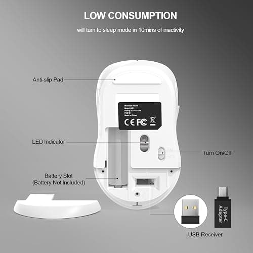 WisFox 2.4G Wireless Mouse for Laptop, Ergonomic Computer Mouse with USB Receiver and Type-C Adapter, 3 Adjustable Levels DPI, 6 Button Cordless Wireless Mice (White, 1 Pack) thumbnail 5