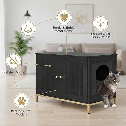 Homhedy Cat Litter Box Enclosure, Cat Washroom Furniture with Metal Frame, Pet House, Fit Most of Litter Box, Modern Style, Black and Gold thumbnail 3