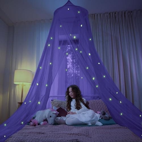 Bollepo Purple Bed Canopy for Girls with Glowing Stars - Princess Netting Room Decor, Ceiling Tent to Cover Toddler | Single, Twin, Full, Queen Size Kids Bed, Fire Retardant Fabric thumbnail 8