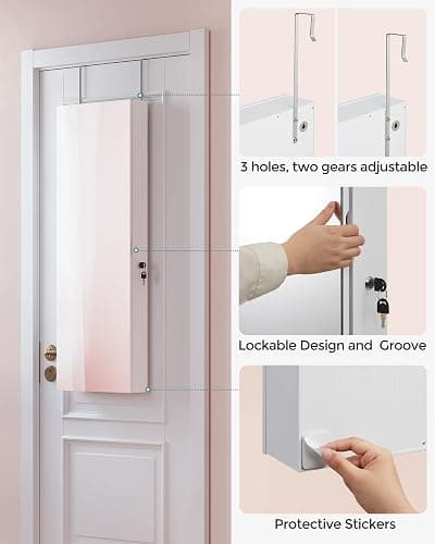 SONGMICS Mirror Jewelry Cabinet Armoire Organizer, Wall or Door Mount Storage Cabinet with Full-Length Frameless Lighted Mirror, Built-in Makeup Mirror, 2 Drawers, Lockable, White UJJC013W01 thumbnail 9