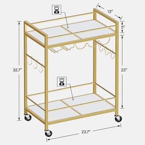TUTOTAK Bar Cart, Serving Cart for Home, Drink Cart, Mobile Kitchen Shelf with Wine Rack and Glass Holder, Rolling Beverage Cart, Gold BC01BB031 thumbnail 2