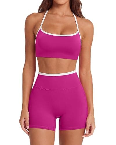 SUUKSESS Women 2 Piece Workout Sets Padded Halter Sports Bras High Waisted Biker Shorts with Pockets - Image 1