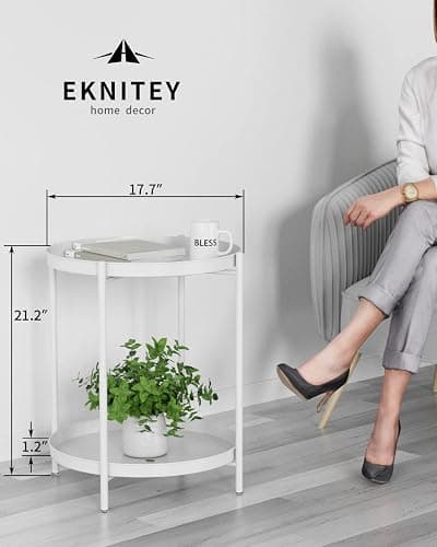 EKNITEY 2 Tier End Table - Metal Side Table Waterproof Small Sofa Coffee Side Tables Bedroom Indoor Outdoor with Removable Tray for Living Room Bedroom Balcony and Office (White) thumbnail 3