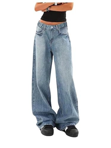 SweatyRocks Girl's Wide Leg Denim Pants Elastic Waist Loose Y2K Jeans Long Trousers - Image 1