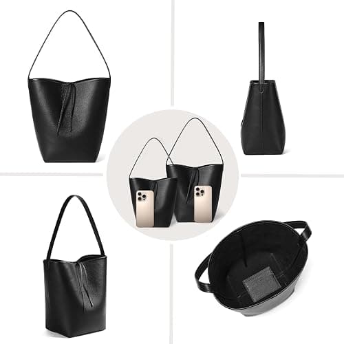 Genuine Leather Bucket Bag with Credit Card Holder Wallet, First Layer Pebble-grained Calfskin Tote Bag thumbnail 6