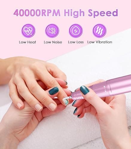 Portable Nail Drill Electric File: Professional Nail E File Machine 40000RPM Rechargeable Cordless Pink Diamond Nail Drill with Bits & Base for for Acrylic Nails Remove Gel Polish Manicure, Salon Home thumbnail 3