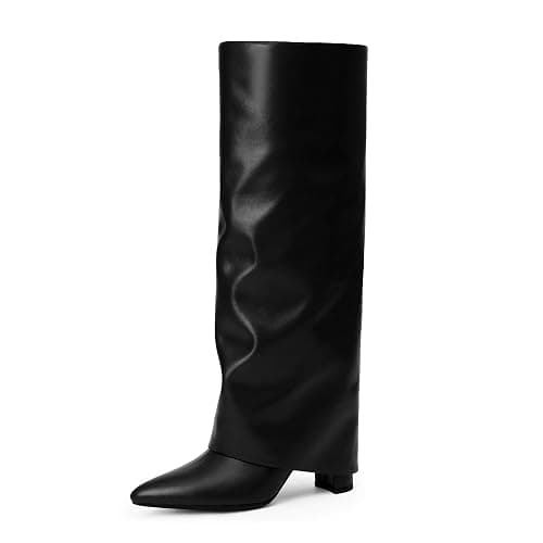 Modatope Knee High Boots Women Fold Over Knee High Boots Chunky High Heels Long Boots Zipper Pointed Toe Dress Tall Boots for Women - Image 1