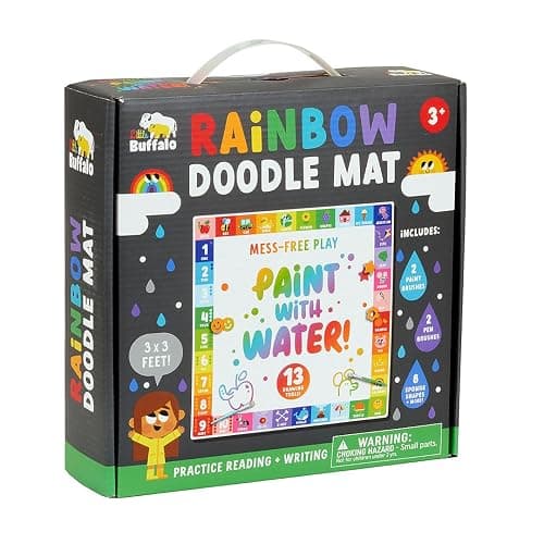 Little Buffalo Jumbo Rainbow Water Doodle Mat | Roomier Drawing Space, Letters & Numbers Border, 2 Brushes, 2 Water Pens & 8 Sponges, Drawing Pad for Kids, No-Spill Cup - Image 1