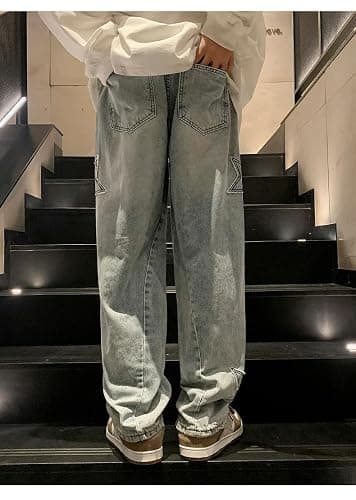 Y2K Vintage Men Korean Blue Streetwear Oversize Star Aesthetic Straight Trousers Wide Leg Jeans Grunge Denim Pants thumbnail 5