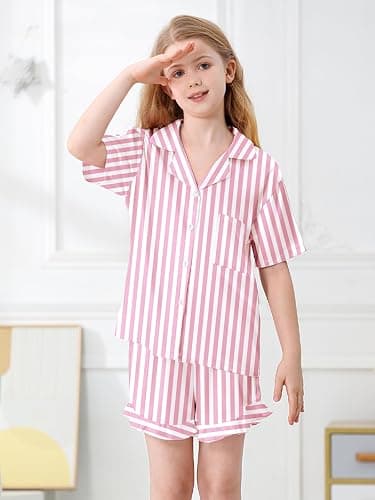 Umeyda Girls & Women Satin Pajamas Set Button Down 2 Piece Silk Pjs Shorts Set Ruffle Sleepwear, 5 Years-Women L thumbnail 3
