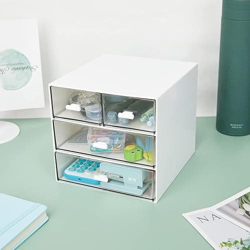 Desk Organizer with 4 Drawers, Clear Plastic Desk Storage Box, Desktop Organization for Office Supplies, Gel Pens, Pencils, Markers, Tape, Erasers, Paperclips, Chargers (White-4 Draws) thumbnail 6