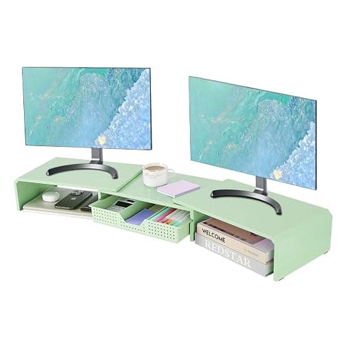 LEKETREE Dual Monitor Stand Riser with Drawer, Desk Organizer and Accessories, Metal Laptop Stand for Desk, Workspace Desktop Stand for Computer, Laptop, TV and More (Mint Green) - Image 1