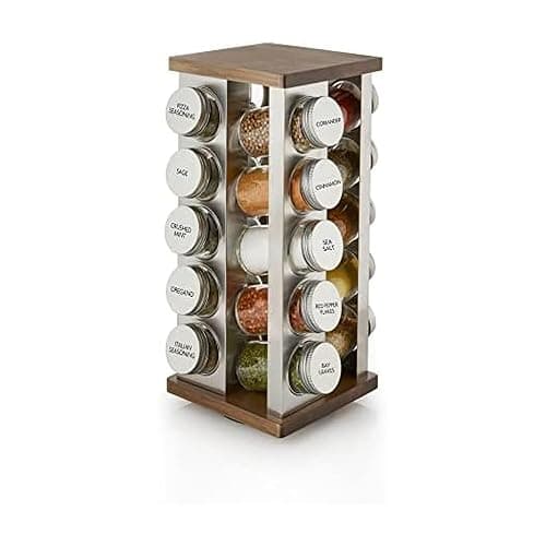 Kamenstein 20 Jar Vintage Revolving Countertop Spice Rack Organizer with Spices Included, FREE Spice Refills for 5 Years, Wood and Stainless Steel with Metal Caps - Image 1