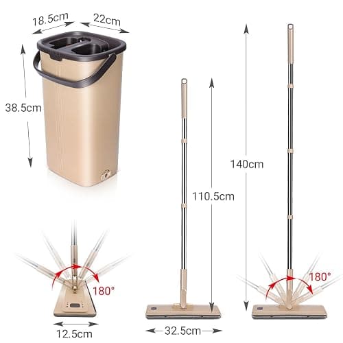 MASTERTOP Mocio Lavapavimenti e Secchio Strizzatore, Mocio Piatto Rotante a 360° e Secchio Autolavaggio, Mop a Mani Libere in Microfibra , con 6 Tamponi Riutilizzabili (Beige) thumbnail 3
