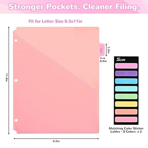 SUIN 8 Tab Binder Dividers with Pockets - Heavy Duty Plastic Dividers for 3 Ring Binder, Letter Size Poly Page Separators with Tabs & Label Stickers, Diamond Texture, 8 Pastel Colors, 2-Pack thumbnail 2