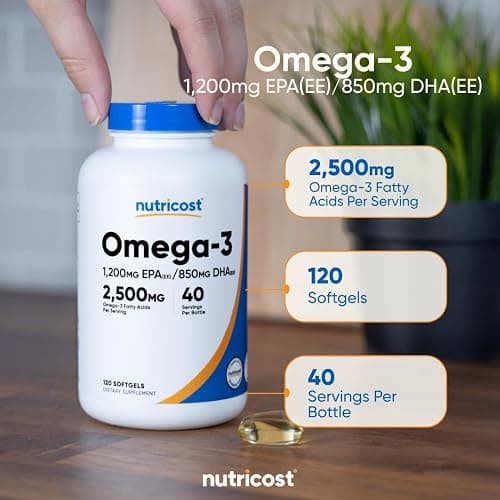 Nutricost Omega 3 Fish Oil - 2500MG, 120 Softgels (40 Serv) - Fish Oil, Wild Caught! 1200mg EPA 850mg DHA - Non-GMO, Gluten Free thumbnail 6