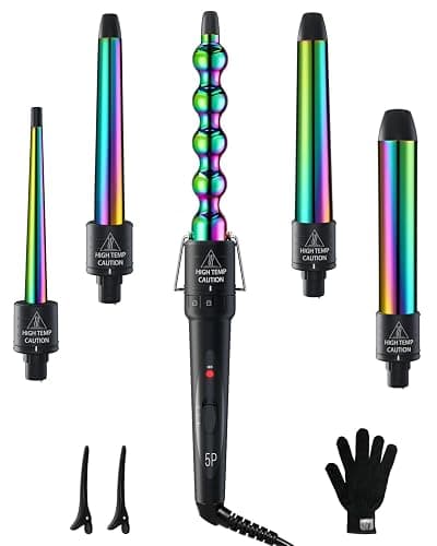 5 in 1 Curling Wand Set: Ohuhu Curling Iron Wand 5Pcs 0.35 to 1.25 Inch Interchangeable Ceramic Barrel Heat Protective Glove 2 Clips Dual Voltage Hair Curler for Girls Women Mother Gift Rainbow - Image 1