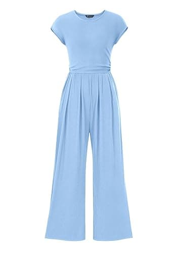 PRETTYGARDEN Summer Jumpsuits 2025 Ribbed Cap Sleeve Wide Leg Pants Women's Rompers Elegant Casual Trendy Vacation Outfits  - Light Blue - Small
