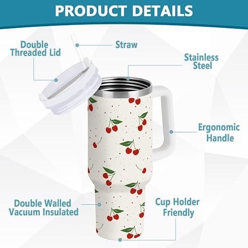 KUEJOP Cherry Print Pattern Stainless Steel Tumbler with Handle and Straw, Water Bottle Reusable Insulated Travel Mug, 40 Ounces thumbnail 5