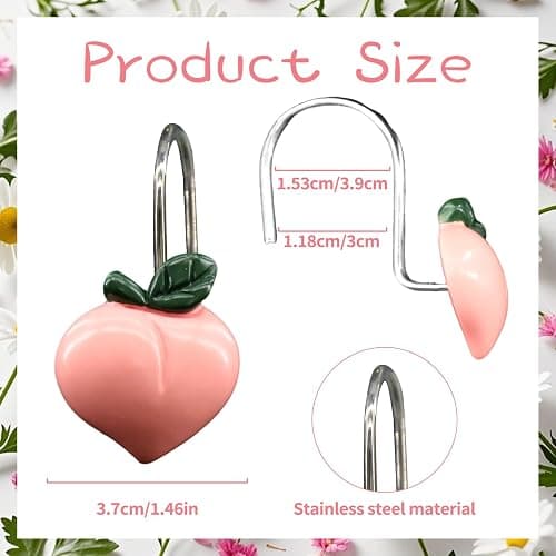 Inshere 12pcs Peach Shower Curtain Hooks,Rustproof Stainless Steels Metal Pink Decorative Shower Curtain Hooks for Bathroom, Cute Fruit Theme Shower Rings Set Bathroom Decor thumbnail 3
