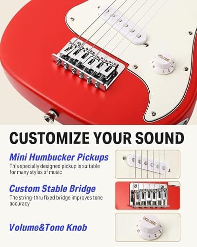 Donner 30 Inch Kids Electric Guitar Beginner Kits ST Style Mini Electric Guitar for Boys Girls with Amp, 600D Bag, Tuner, Picks, Cable, Strap, Extra Strings, DSJ-100, Red thumbnail 3