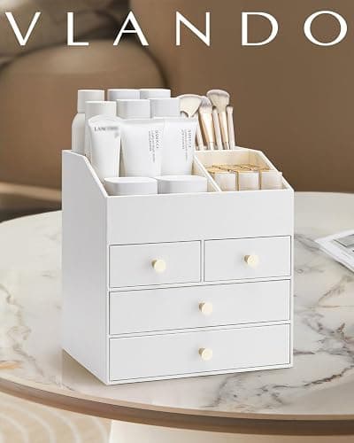 Vlando Makeup Organizer Countertop,Large Vanity Organizer PU Leather Make up Storage with 4 Drawers Skin care Organizer Cosmetic Display Case for Lipstick,Brushes,Bedroom-White thumbnail 8