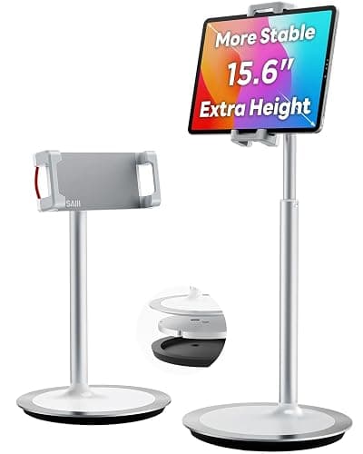 SAIJI iPad Stand for Desk - Height Adjustable & Weighted Base Phone Holder | Aluminum Stand with a 360° Rotating Clamp, Extra Tall, for iPad Air/Pro iPhone & Portable Monitor, Fits 4.7"–15.6" Screens - Image 1