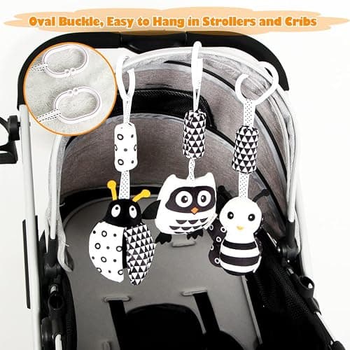 KAKIBLIN Baby Hanging Toy,3 Pack Black and White Baby Toys for 3 6 9 12 Months, High Contrast Hanging Toys,Plush Soft Stroller Rattles Toy for Boys and Girls(21CM, Ladybug,Bee & Owl) thumbnail 2