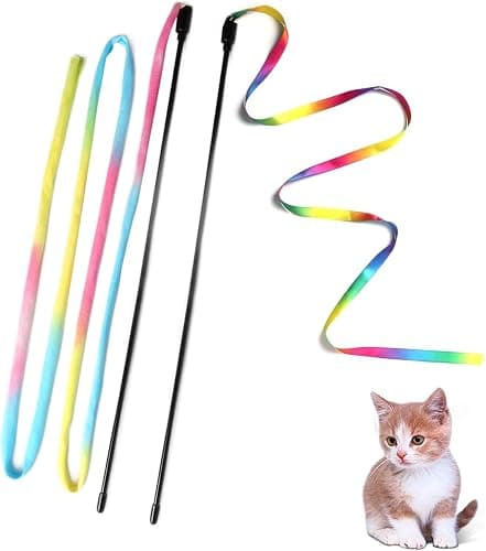M JJYPET Cat Wand Toys Interactive Kitten Toys for Indoor Cats Colorful Teaser Wand String for Exercise Kitten Stick Kitty Rope Toy Rainbow Ribbon Cat Charmer -2Pcs - Image 1
