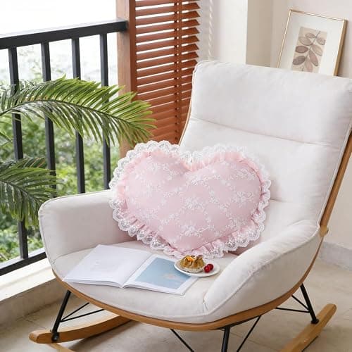 YISLEND Elegant Lace Heart Shaped Throw Pillow, Cute Heart Decorative Throw Pillows for Bed Couch Chair Sofa, Living Room Bedroom Decor (Pink) thumbnail 2