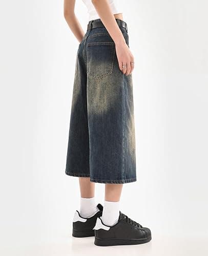 Lafaguw Cropped Jeans for Women Men High Waist Wide Leg Baggy Jorts Y2K Casual Denim Capris Pants Grunge Summer Clothes. thumbnail 4