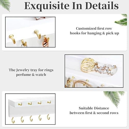 YYILIS Necklace Holder, Upgraded Extra Large Wall Necklace Organizer with 30 Hooks Wall Mounted Necklace Hanger with Jewelry Tray/Cosmetics Shelf Rustic Pine Wood Holder (White) thumbnail 5