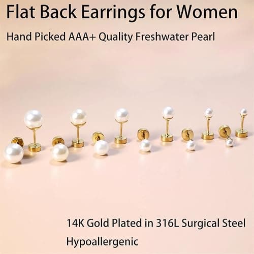 Dainty Flat Back Pearl Earrings for Women, 6 Pairs Flatback Pearl Earrings in 14K Gold Silver 3-8MM Studs Earring Sets for Multiple Piercing Hypoallergenic thumbnail 3
