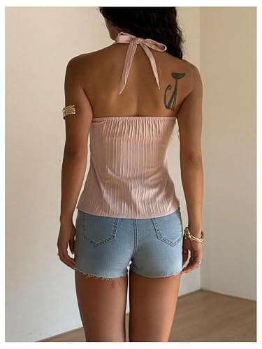 Milumia Women's Buckle Tie Backless Halter Top Y2k Pleated Going Out Tank Tops thumbnail 3