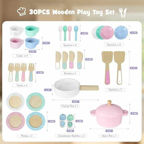 SimpliPlay Wooden Toy Plates and Dishes for Kitchen Set, 30PCS Montessori Play Kitchen Accessories for Toddlers with Toy Pots and Pans, Wooden Play Cooking Set for 3-8 Years Girls & Boys thumbnail 6