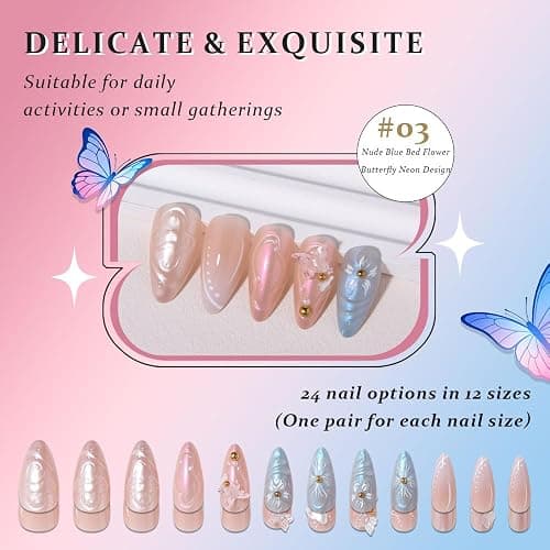 XZMeiLun Handmade 3D Flower Butterfly Blue Pink Press On Nails Almond Medium, Floral Pearl French Tip Designer Reusable Acrylic Fake Nails With Cute Charms Glue On Nails, Daily Wear Nails For Women thumbnail 4