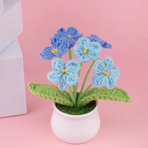 Blync Knitting Crochet Flowers Potted Plants, Fake Forget Me Not Flowers for Friends, Family and Lover, Artificial Handmade Flowers for Birthday Wedding Gift and Home Decor (Gblue) thumbnail 5
