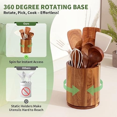 gorsent Wooden Utensil Holder, 360°Rotating 7.3'' Large Utensil Holder for Kitchen Counter, Kitchen Utensil Organizer, Utensil Crock, Farmhouse Kitchens Countertop Decor, Acacia Wood thumbnail 4