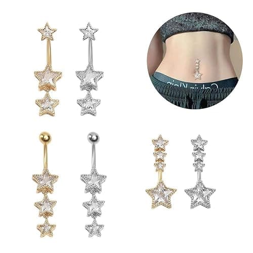 Niaspi 3Pcs 14G Stainless Steel Dangle Belly Button Rings Cubic Zirconia Heart Star Round Belly Navel Barbell Rings Belly Piercing Jewelry for Women thumbnail 2