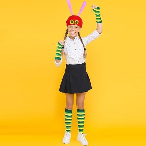 GANSHAYA 4 Pcs Halloween Caterpillar Costume Accessory Book Character Cosplay Red Knitted Beanie Hat Headband Socks Gloves for Halloween Cosplay Party thumbnail 8