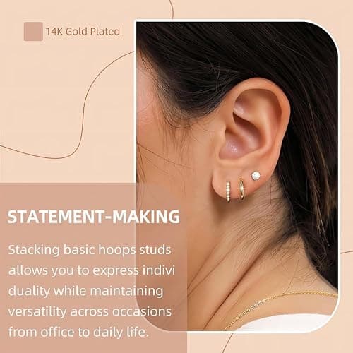 3 Pairs Cute Small Gold Filled Hoop Earrings Set for Women Diamond-Like Shine Cubic Zirconia Stud Earrings for Sensitive Ears thumbnail 3