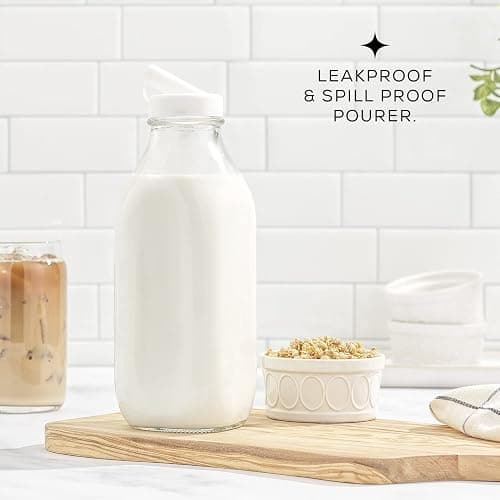 JoyJolt Glass Milk Bottles with Lids and Pourer – 32 Oz, 3 Pack Airtight Heavy Duty Reusable Glass Bottles, Leakproof, BPA-Free, Food Grade, Dishwasher Safe Jug, Pitcher for Milk, Juice, and Water thumbnail 2